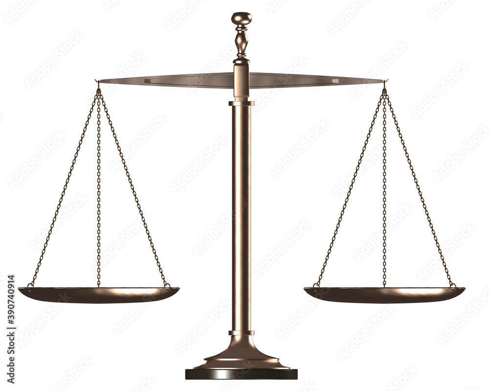 Straight balanced weight scales, brass balance scale side view isolated on  white Stock Illustration