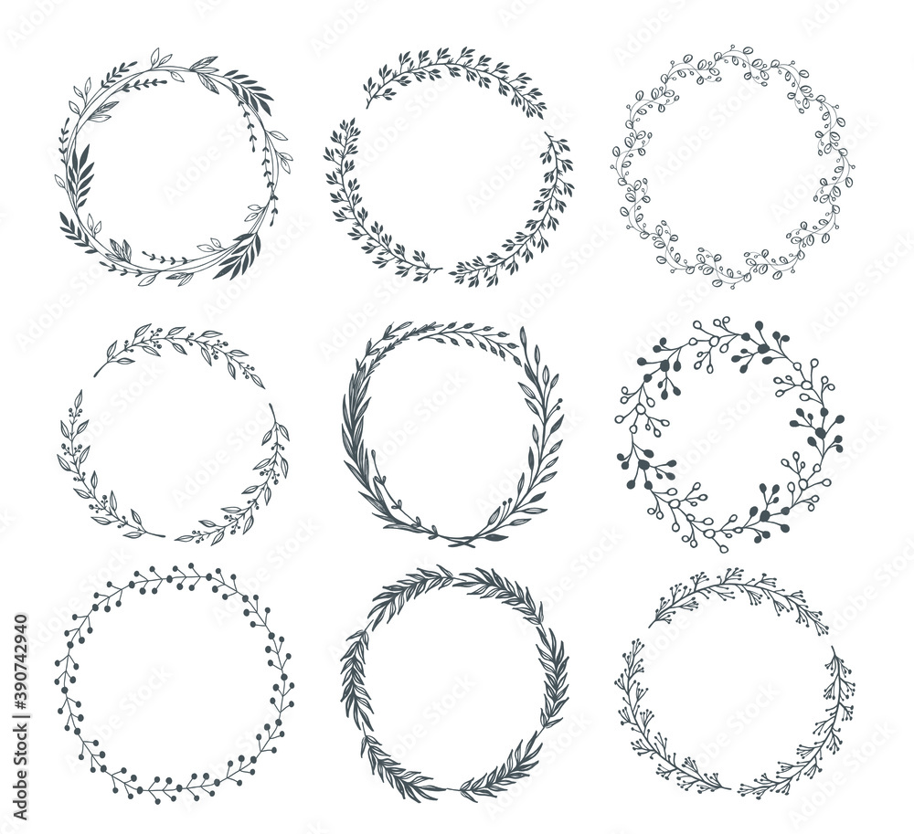 Hand drawn decorative floral round wreath frame Hand drawn decorative floral round wreath frame