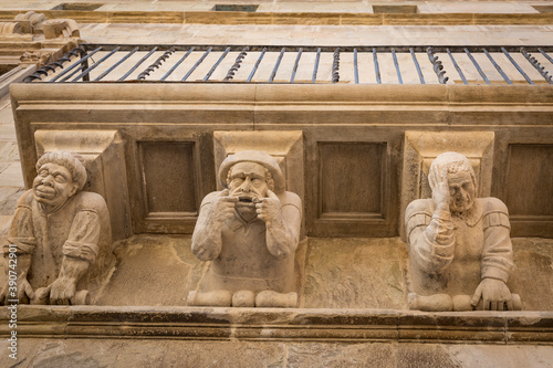 corbels under the balconies of La Paeria (Town Hall) building in Cervera city, La Segarra, Province of Lleida, Catalonia, Spain