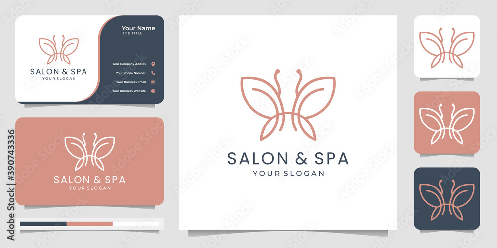 Minimalist butterfly line art monogram shape logo.salon, beauty, luxury spa style. logo design, icon and business card. Premium Vector