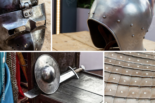 set military ammunition war and weapons, composition of an iron helmet and armor, shield and sword photo