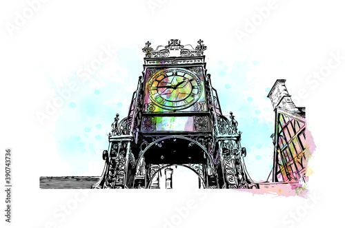 Building view with landmark of Chester is a city in northwest England. watercolour splash with hand drawn sketch illustration in vector.