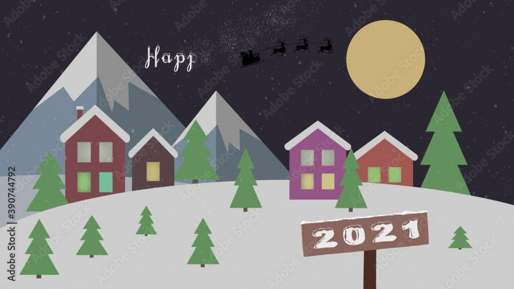 Happy new year 2021 festive background concept. Santa Claus and deer fly over the city. New Year's winter animation houses in the snowy mountains among the trees. Snow falls.