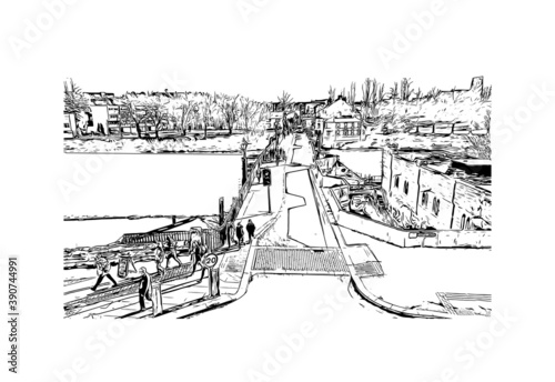 Building view with landmark of Chester is a city in northwest England. Hand drawn sketch illustration in vector.