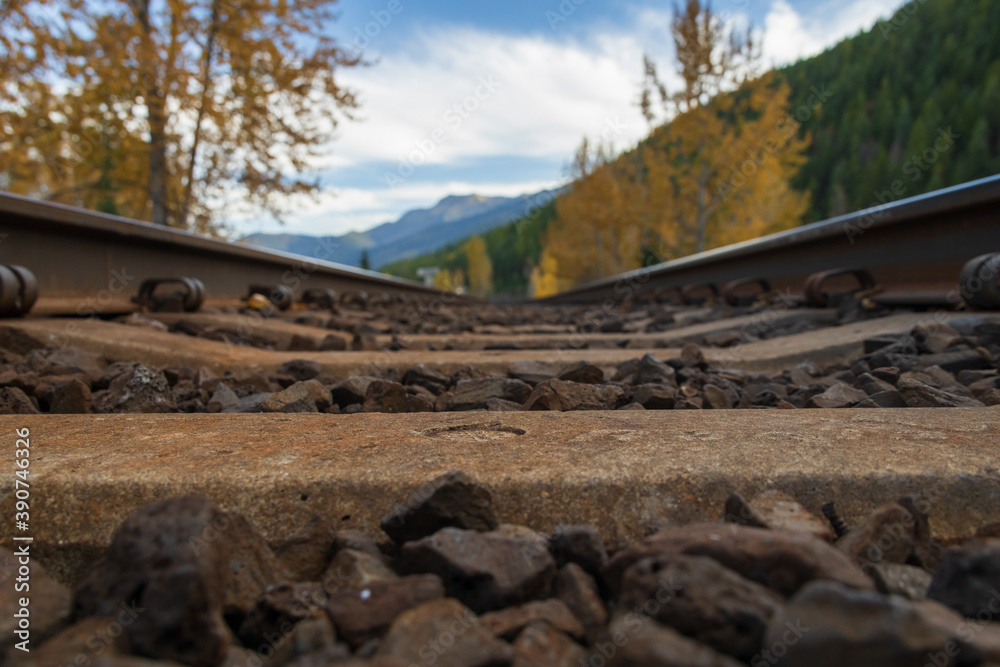 Railroad Tracks thru the Forest with mountain background Railroad Tracks thru the Forest with mountain background