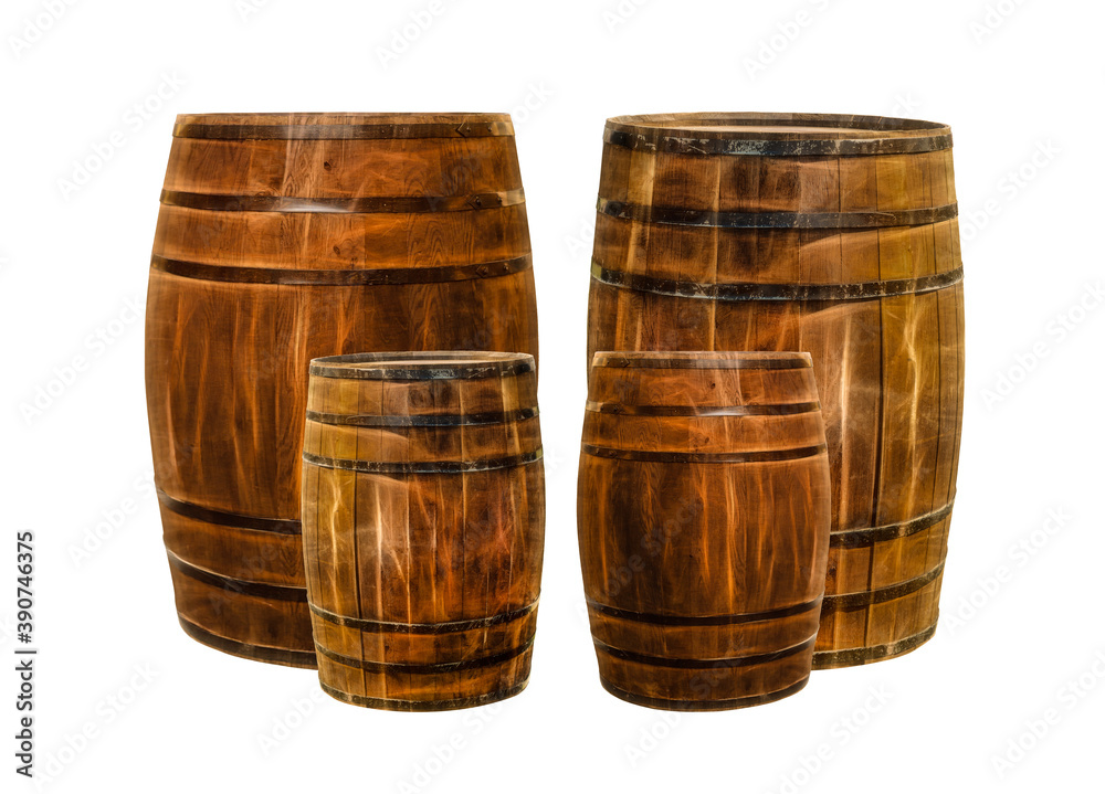 Fototapeta premium two large and small oak barrels for aging and storing wine