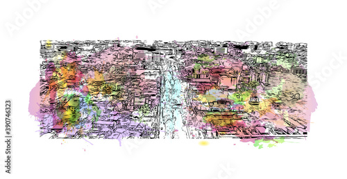 Building view with landmark of Chiang Mai is a city in mountainous northern Thailand. Watercolor splash with hand drawn sketch illustration in vector.