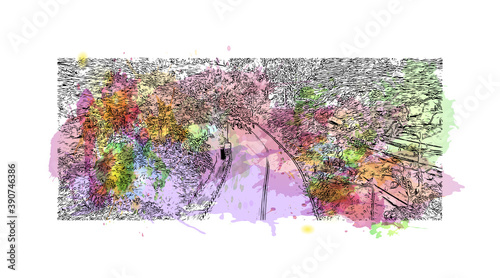 Building view with landmark of Chiang Mai is a city in mountainous northern Thailand. Watercolor splash with hand drawn sketch illustration in vector.