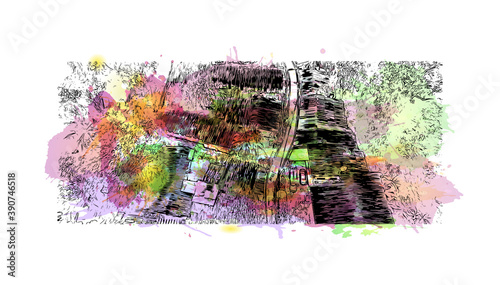 Building view with landmark of Chiang Mai is a city in mountainous northern Thailand. Watercolor splash with hand drawn sketch illustration in vector.