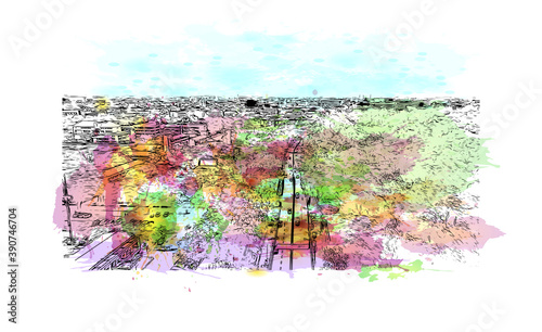 Building view with landmark of Chiang Mai is a city in mountainous northern Thailand. Watercolor splash with hand drawn sketch illustration in vector.