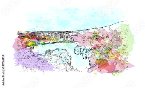 Building view with landmark of Chiang Mai is a city in mountainous northern Thailand. Watercolor splash with hand drawn sketch illustration in vector.