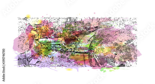Building view with landmark of Chiang Mai is a city in mountainous northern Thailand. Watercolor splash with hand drawn sketch illustration in vector.