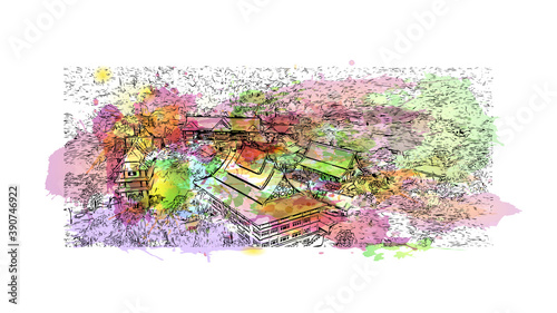 Building view with landmark of Chiang Mai is a city in mountainous northern Thailand. Watercolor splash with hand drawn sketch illustration in vector.