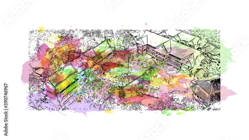 Building view with landmark of Chiang Mai is a city in mountainous northern Thailand. Watercolor splash with hand drawn sketch illustration in vector.