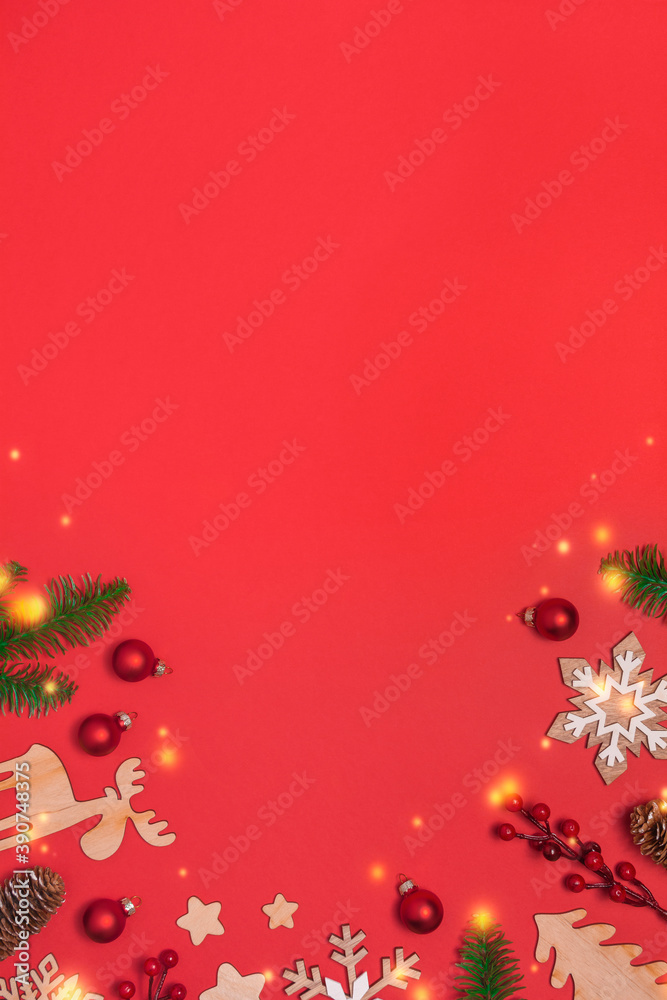 Christmas frame with decorations on red background Christmas frame with decorations on red background