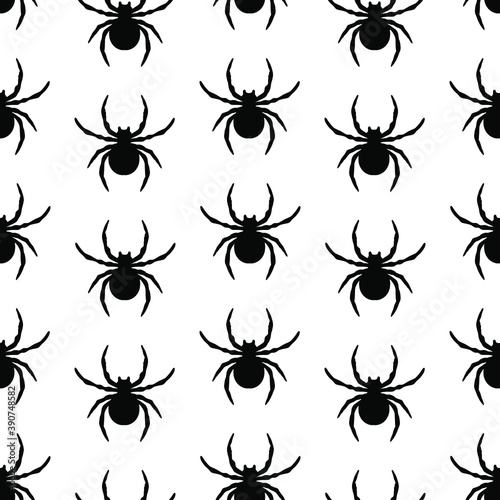 Seamless pattern. Creative design with black spiders on a white background. Vector illustration. Insect in black and white concept. Textile pattern, print pattern. Black spiders, insect pattern. © Karine
