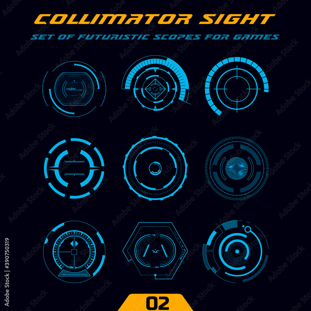Futuristic circular HUD. Military collimator sights, weapon scopes. Sniper targets and aiming crosshairs. Elements for action games or space simulators.