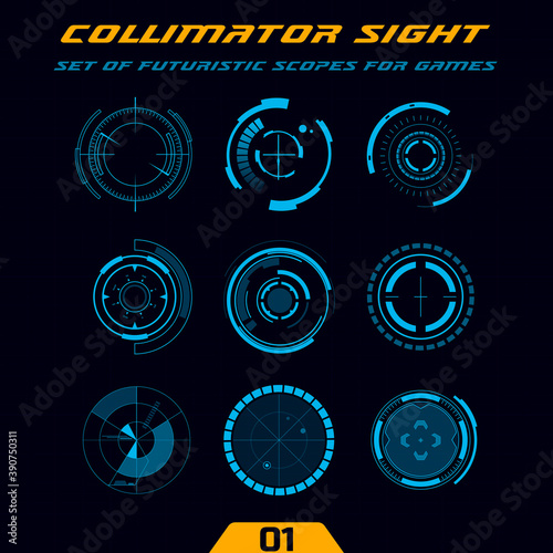Futuristic circular HUD. Military collimator sights, weapon scopes. Sniper targets and aiming crosshairs. Elements for action games or space simulators. photo