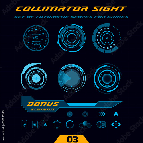 Futuristic circular HUD. Military collimator sights, weapon scopes. Sniper targets and aiming crosshairs. Elements for action games or space simulators.