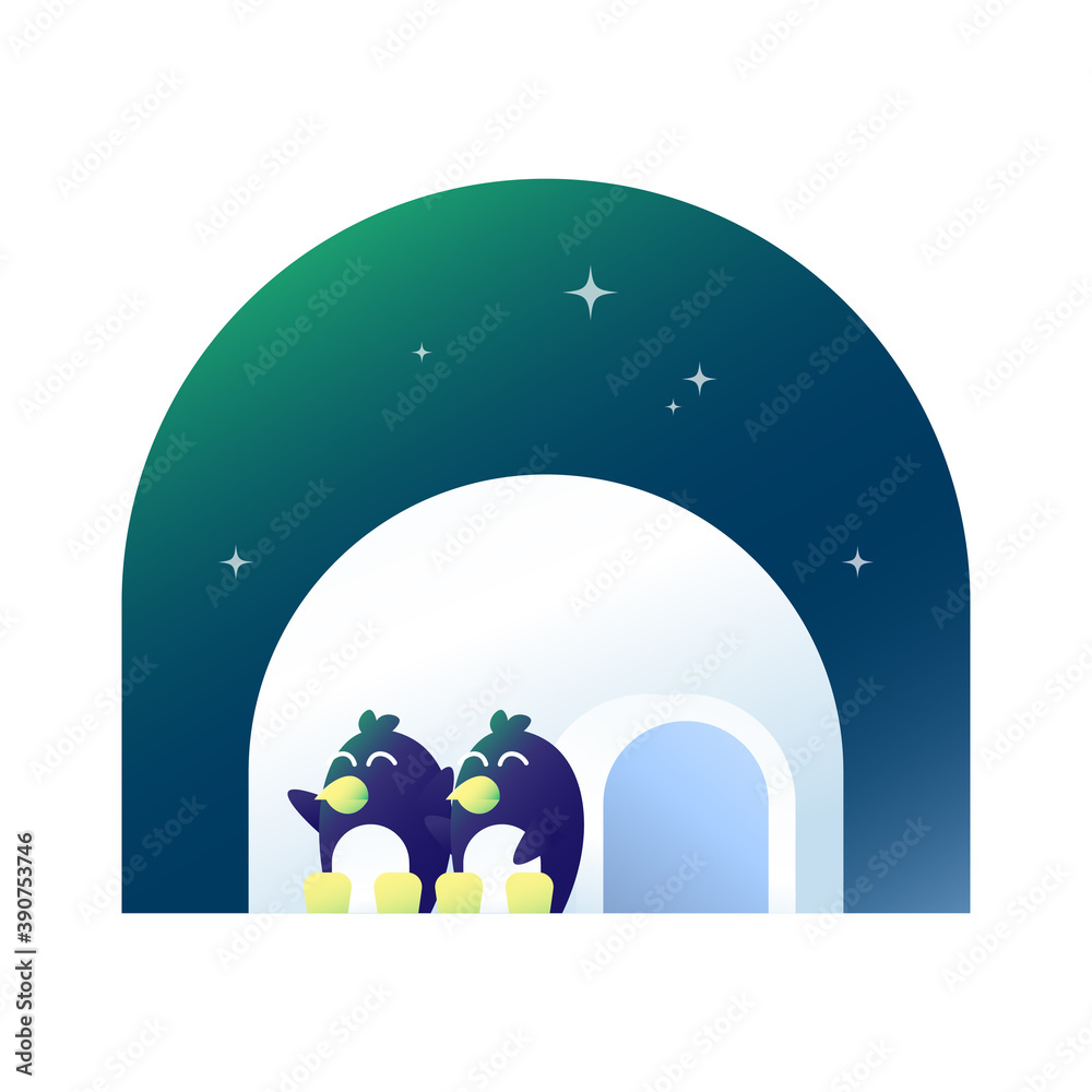 Naklejka premium 2 penguin illustration sitting and enjoying the aurora in the sky and leaning on the snow house. cute and adorable animals. winter animals. elelment design