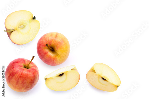 Set of whole red apple with half slice isolated on white background. Top view. Flat lay. Copy space