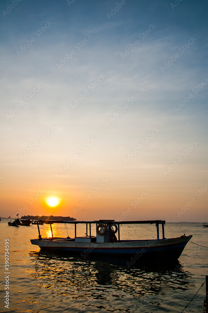 Boats for tourist and passengers in Bidadari Island. Bidadari Island is a small island, a tourist destination part of thousands archipelago in Jakarta, Indonesia.
