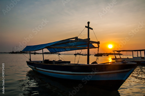 Boats for tourist and passengers in Bidadari Island. Bidadari Island is a small island, a tourist destination part of thousands archipelago in Jakarta, Indonesia.