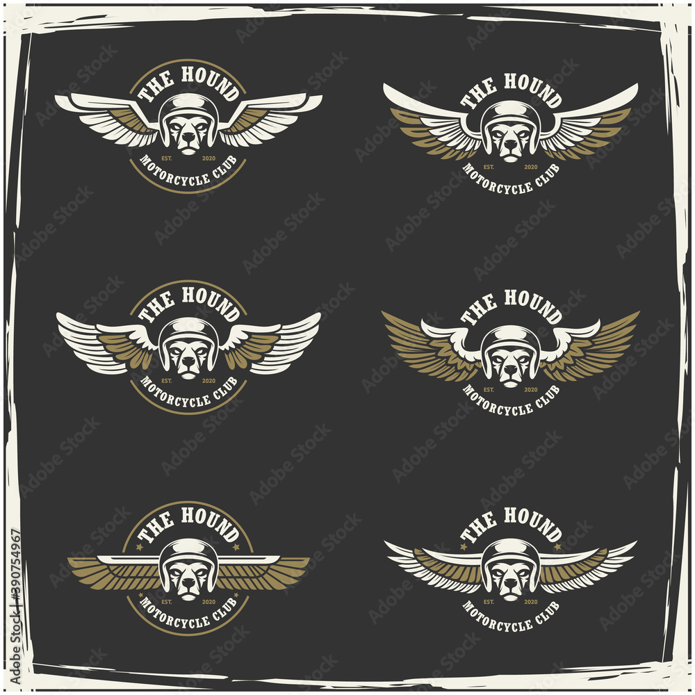 Obraz premium Dog head auto repair and custom Garage logo. Design element for company logo, label, emblem, sign, apparel or other merchandise. Scalable and editable Vector illustration.