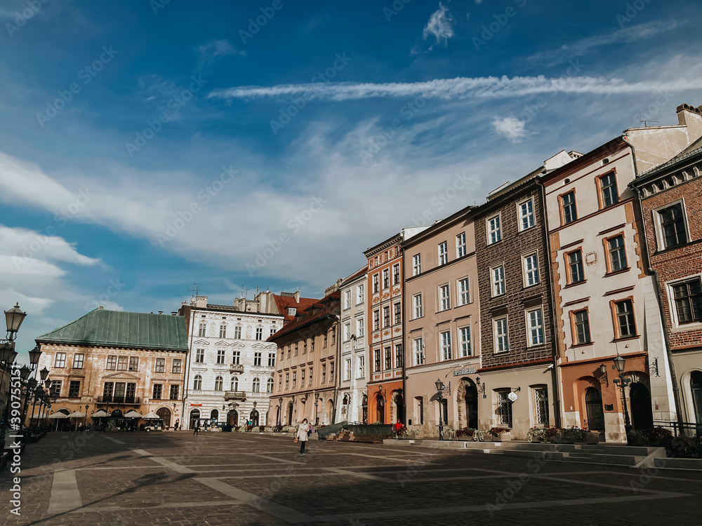 Krakow Poland. Old Town, a center without people, a naturally vivid photo of Krakow's architecture.