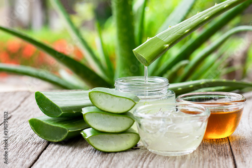 Aloe vera leaf with aloevera gel and honey on wooden table with green nature background. photo