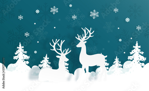 Christmas card with reindeer and Christmas tree. Winter scene in paper cut style