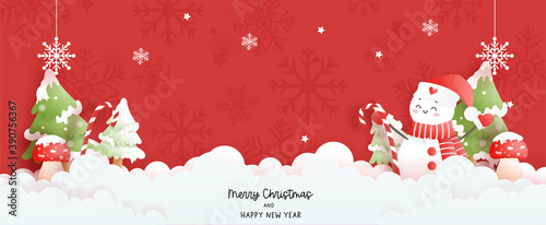 Christmas scene banner with cute snowman and Christmas tree