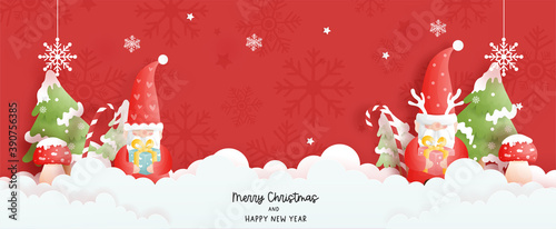 Christmas scene banner with cute gnomes and Christmas tree