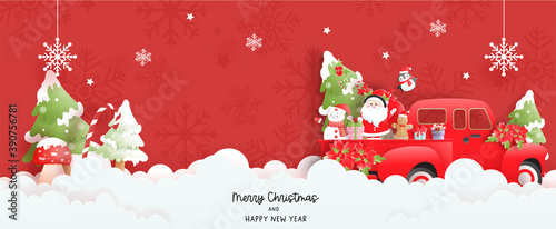Christmas scene banner with Cute Santa and Christmas tree