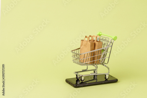 Paper shopping bags with in cart, trolley. Eco goods delivery concept.ordering purchases by phone