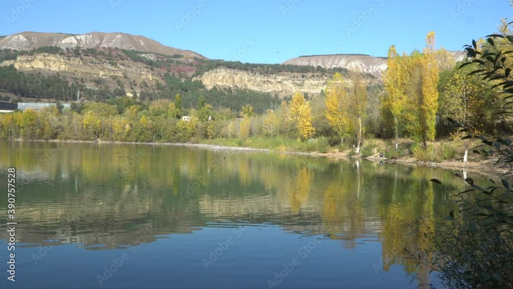 Panoramic view of the lake with ducks in autumn on a sunny day Panoramic view of the lake with ducks in autumn on a sunny day