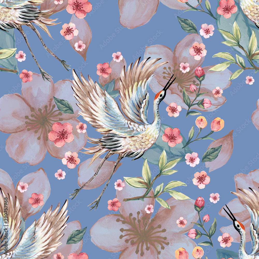Obraz premium Colorful sakura cherry blossom seamless pattern japanese crane bird Watercolor illustration traditional folk fashion ornament