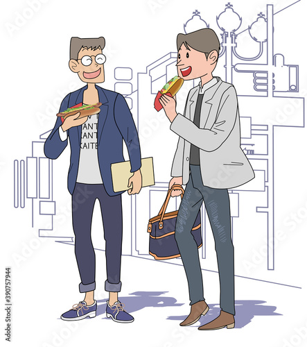 ホットドッグを食べる男性2人組