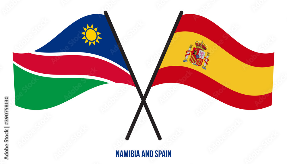 Namibia and Spain Flags Crossed And Waving Flat Style. Official Proportion. Correct Colors.