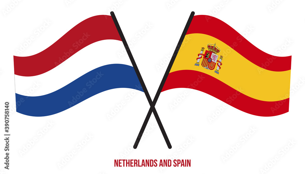 Netherlands and Spain Flags Crossed And Waving Flat Style. Official Proportion. Correct Colors.