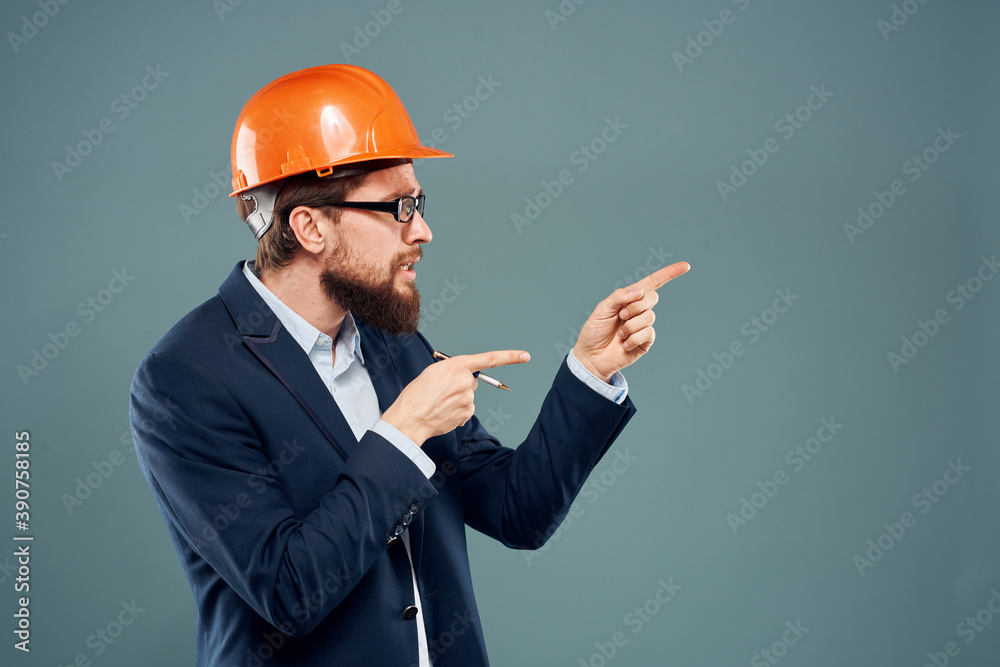 Male engineer orange hard hat construction industry emotions official Male engineer orange hard hat construction industry emotions official