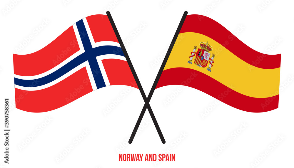 Norway and Spain Flags Crossed And Waving Flat Style. Official Proportion. Correct Colors.
