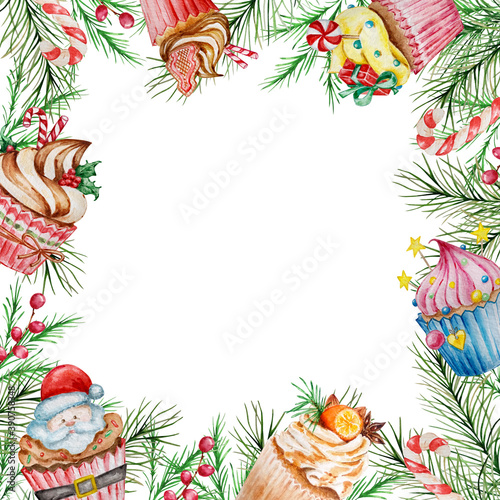 Watercolor Christmas frame with winter branches and Christmas cakes