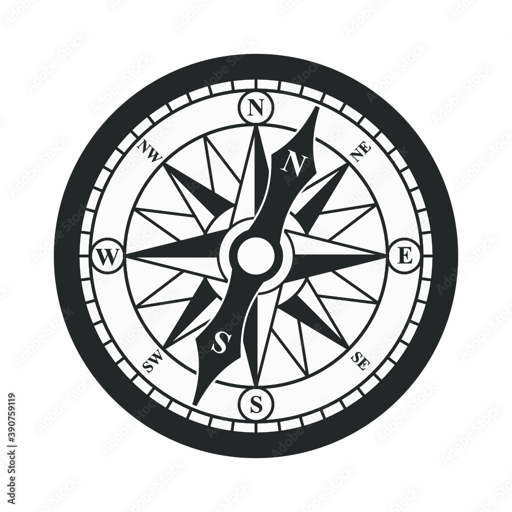 Compass rose label. Isolated black and white vector art illustration icon, on a white background.