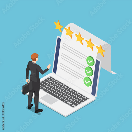 Isometric Businessman Standing with Online Survey Document Checklist from Laptop Screen