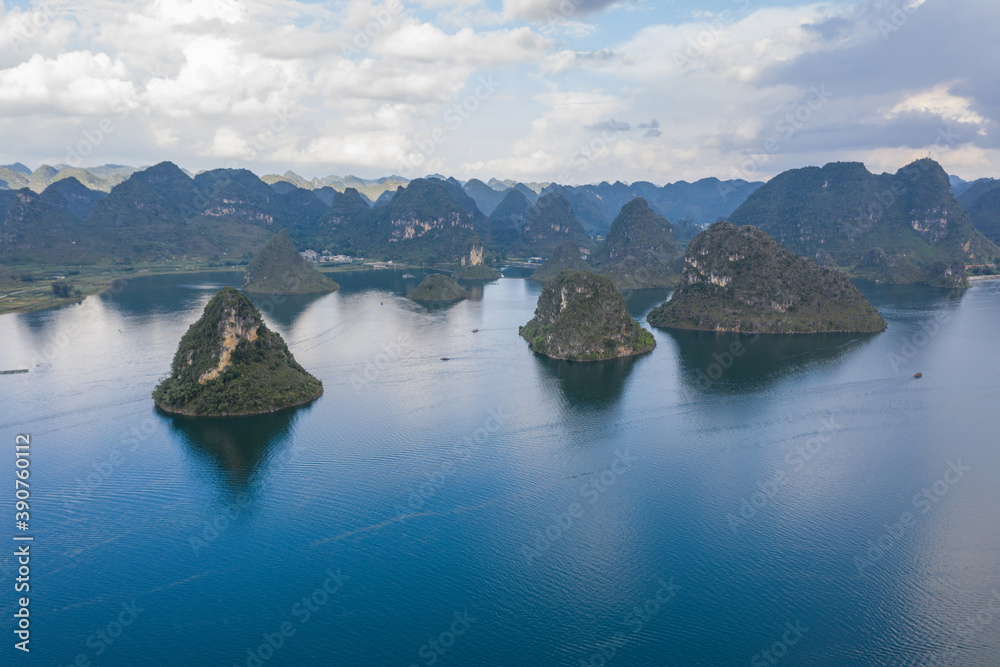 Aerial view of the natural landscape of lakes and mountains in the karst landscape of Guangxi, China