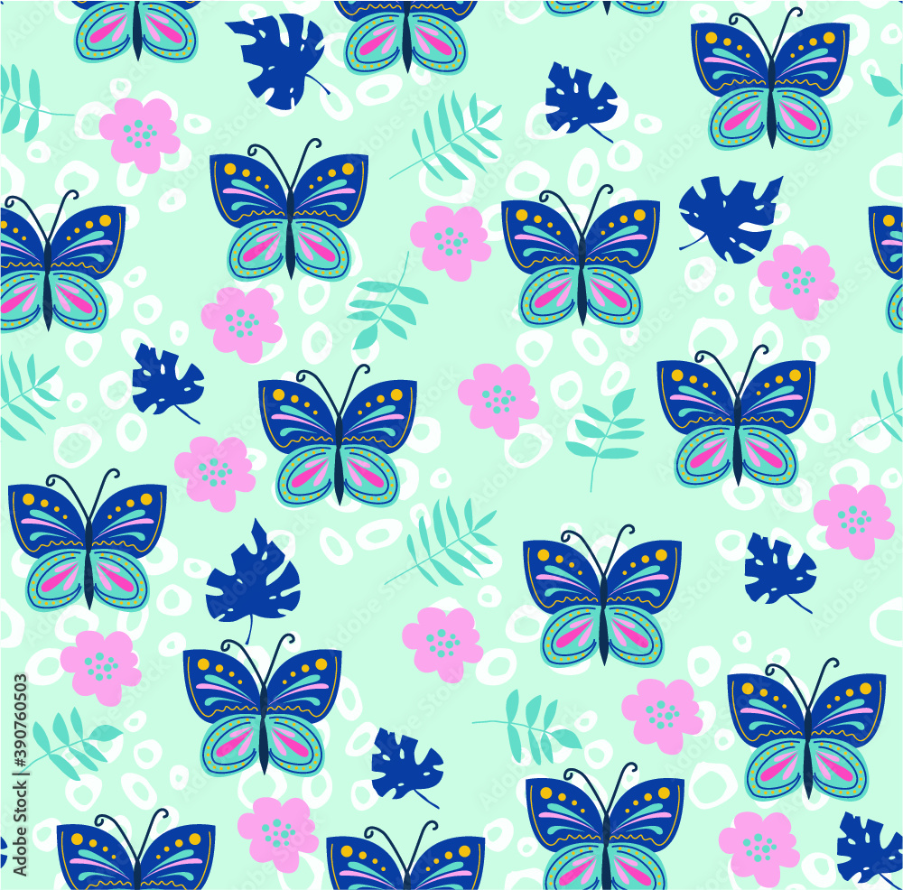 Seamless vector pattern with the image of bright butterflies and floral elements. Trendy background and template for printing on children's fabrics. Hand drawn digital illustration
