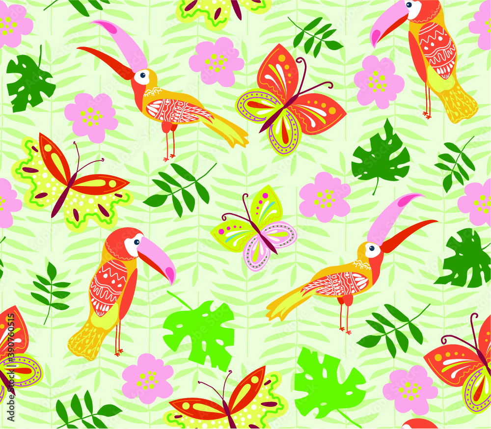 Vector illustration with toucans and butterflies. Hand drawn drawing about birds and insects. Seamless pattern for boys and girls. Children's design template for fabrics and textiles. Vector illustration with toucans and butterflies. Hand drawn drawing about birds and insects. Seamless pattern for boys and girls. Children's design template for fabrics and textiles.