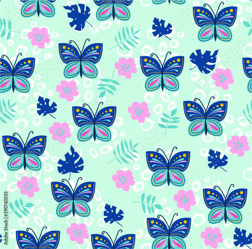 Seamless vector pattern with the image of bright butterflies and floral elements. Trendy background and template for printing on children's fabrics. Hand drawn digital illustration © miracle15