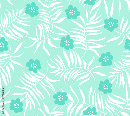 Vector seamless pattern with floral patterns. palm leaves and tropical flowers in a digital ornament. Beautiful tropical background. Pattern for beautiful fabrics